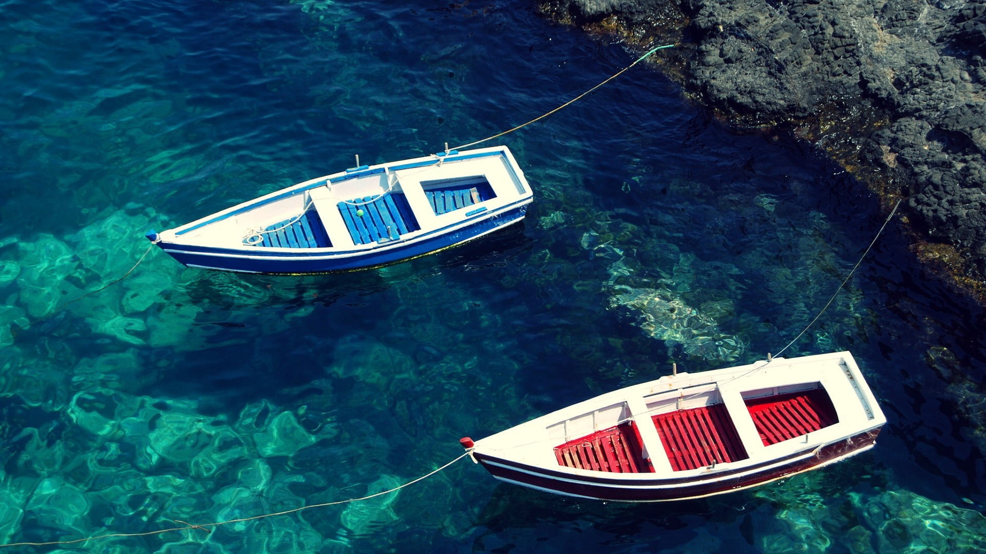 Red and blue, Dinghy boats, Gray rock, Boat HD wallpaper, 1920x1080 Full HD Desktop