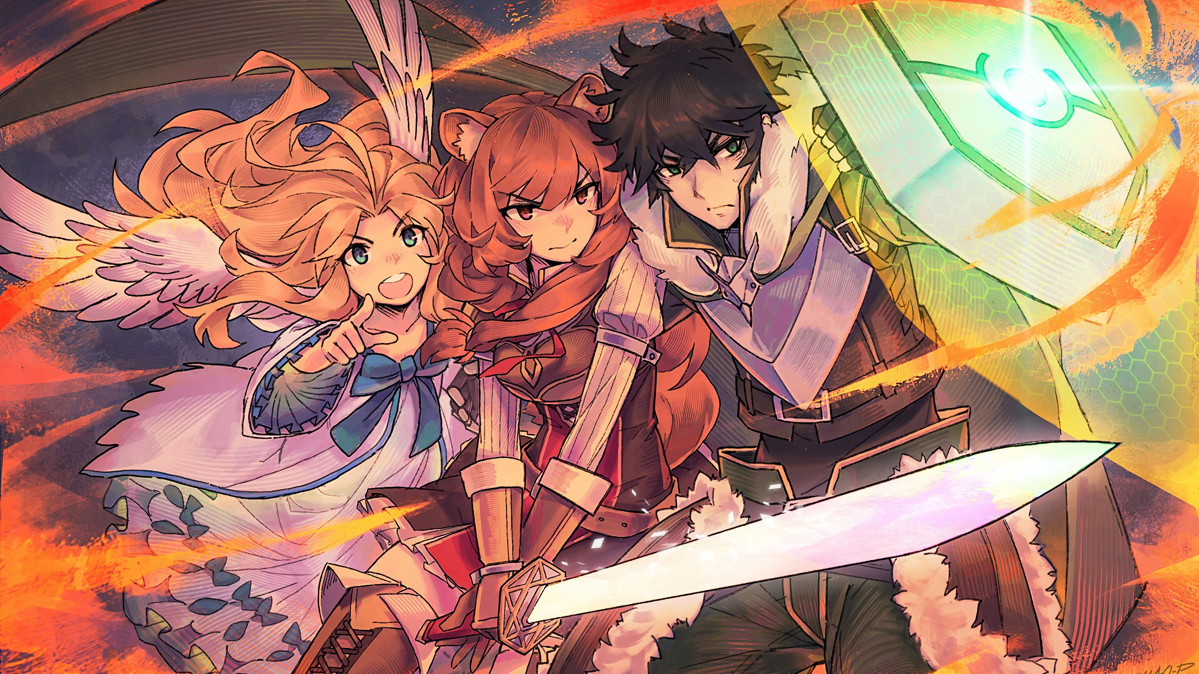 Shield Hero trio, UHD 4K wallpaper, Epic battle scene, Anime heroes, 3840x2160 4K Desktop