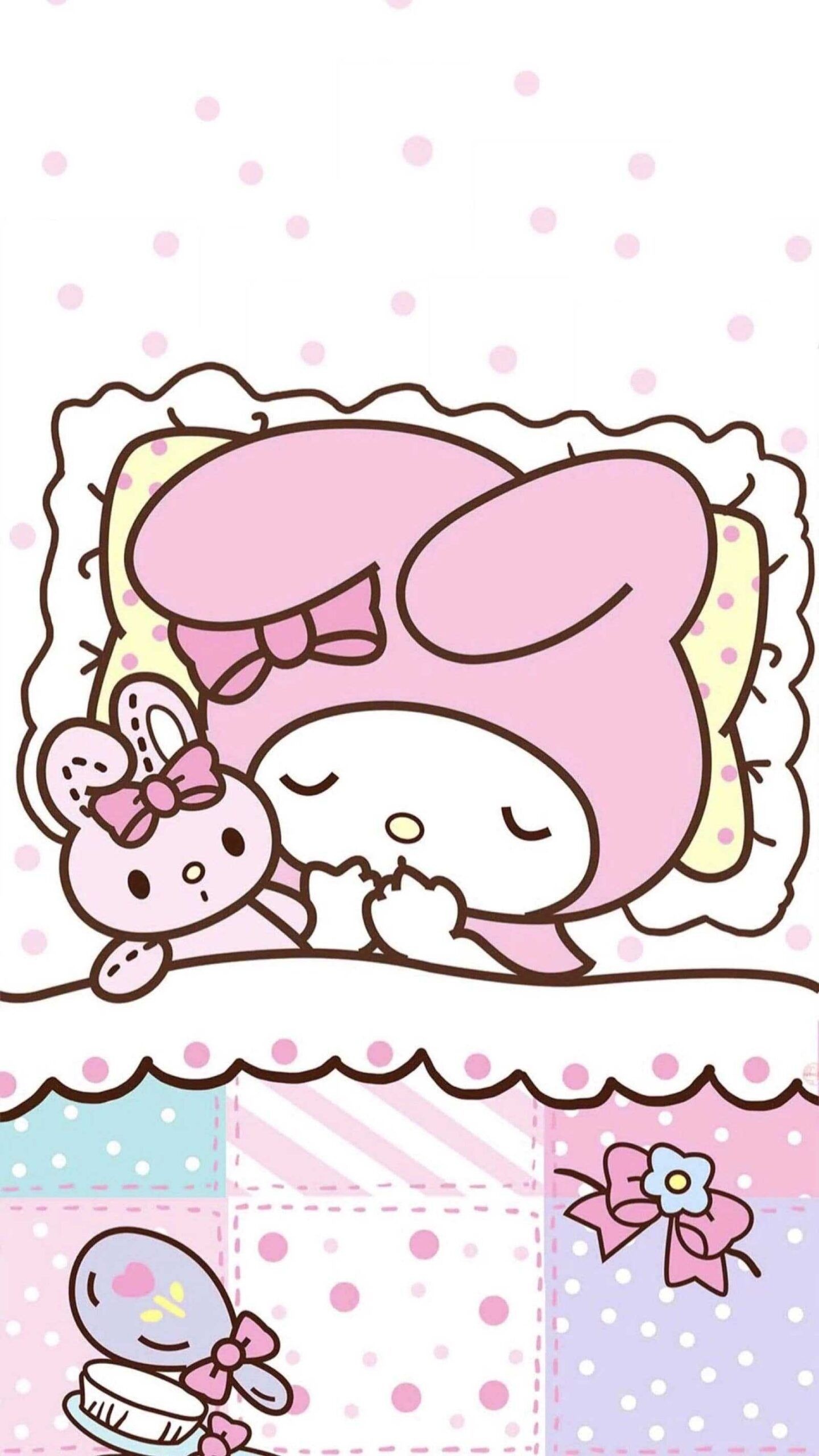 sleeping My Melody, pink bunny plush, pastel patchwork blanket, HD Phone wallpaper