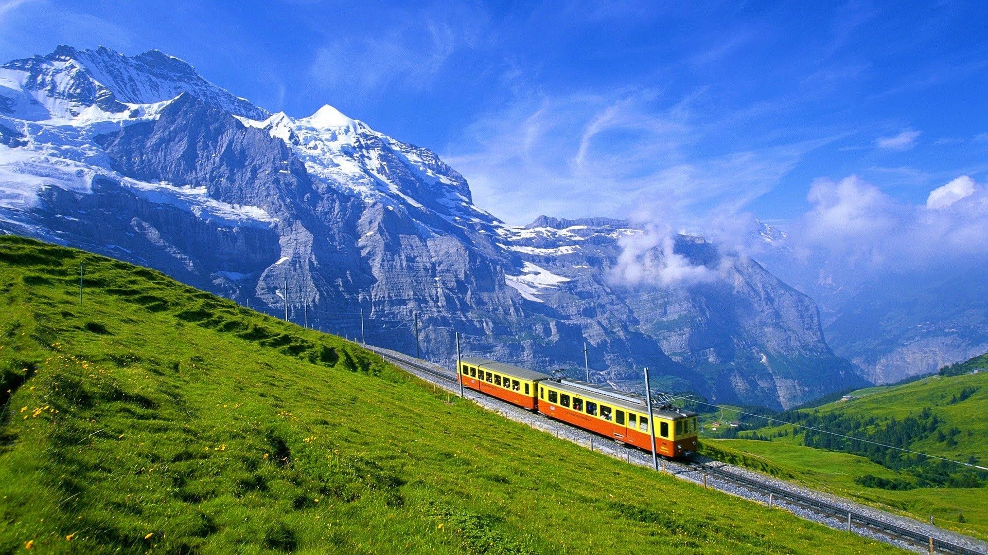 Wengernalpbahn cogwheel train, Bernese Alps snow peaks, Lush green alpine meadow, Full HD Desktop wallpaper