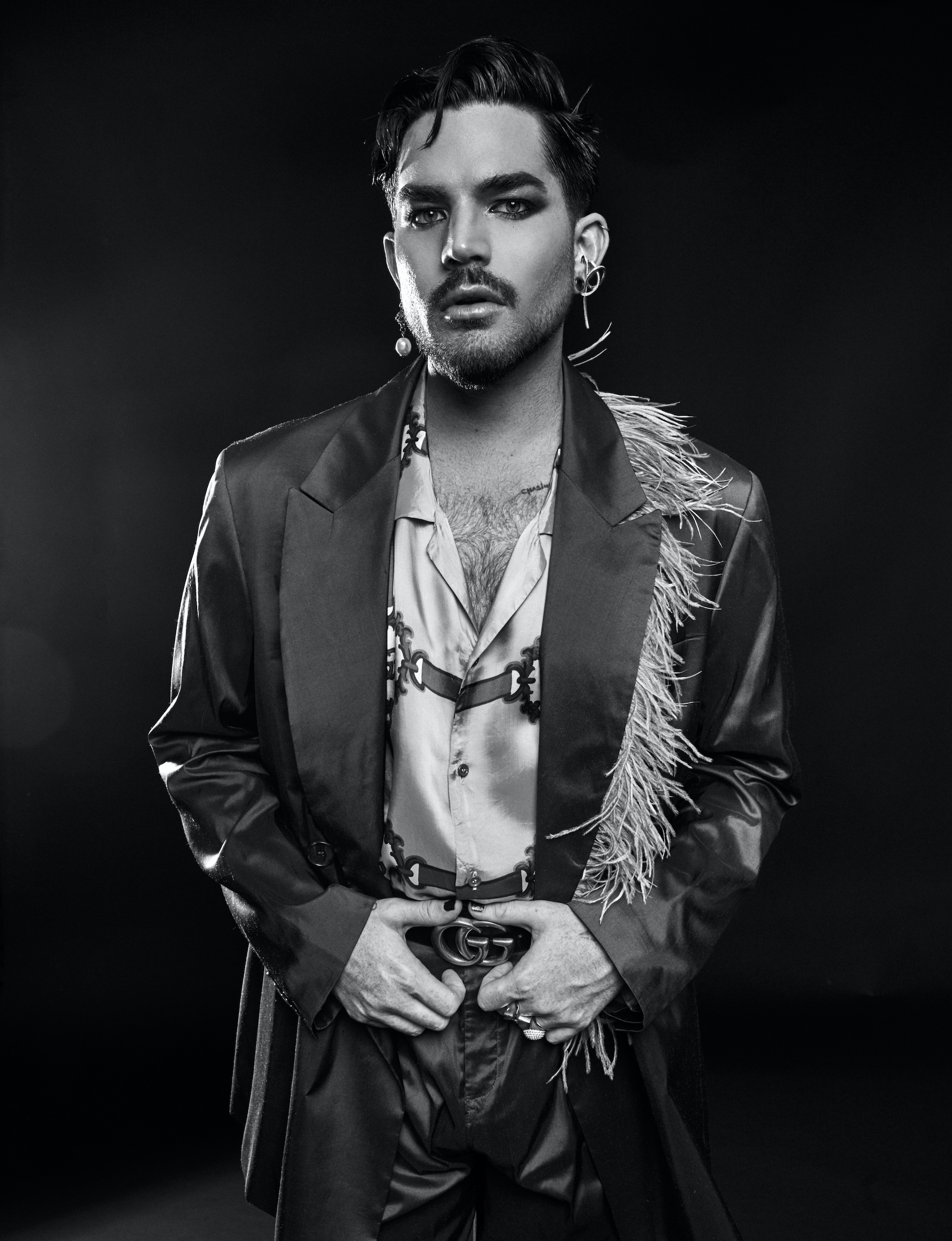 Adam Lambert, Fur jacket fashion, Wonderland photoshoot, Black and white, 2000x2610 HD Phone