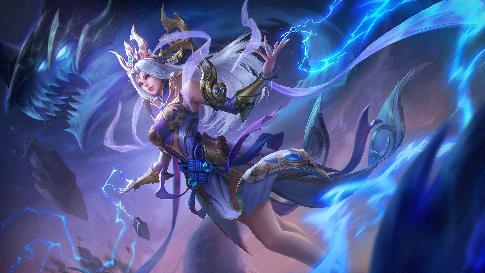 Luo Yi Siren Priestess, summoned sea serpent, crackling blue lightning, Full HD Desktop wallpaper