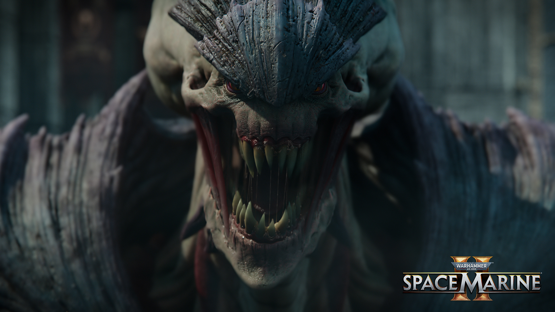 Tyranid creature, Snarling fanged maw, Warhammer 40,000: Space Marine II logo, Full HD Desktop wallpaper