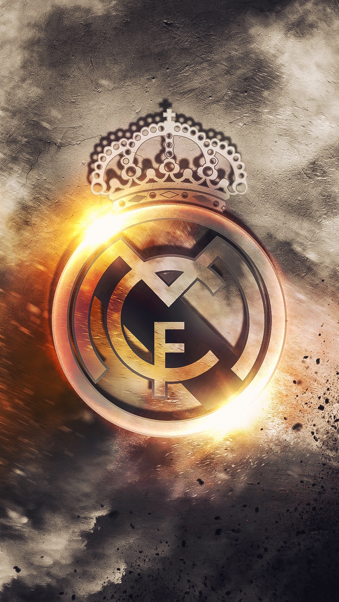 Real Madrid crest, golden light flare, grunge concrete texture, Full HD Phone wallpaper