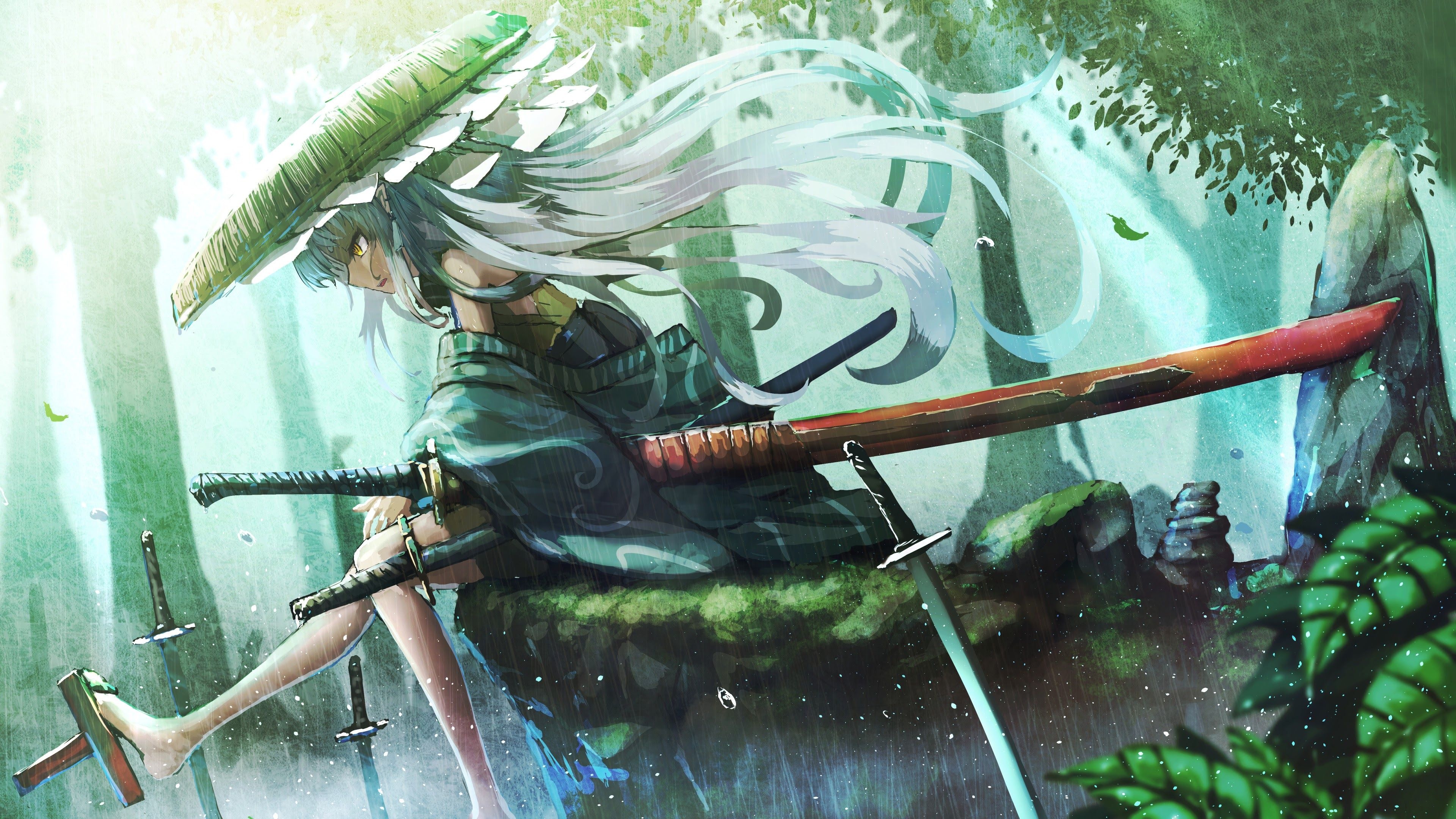White-haired anime samurai girl, Katana with red scabbard, Rainy mossy bamboo forest, 4K Desktop wallpaper