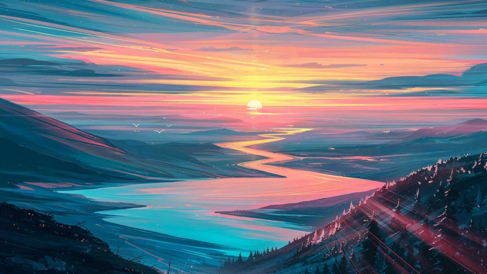 Sunset River Valley Painting