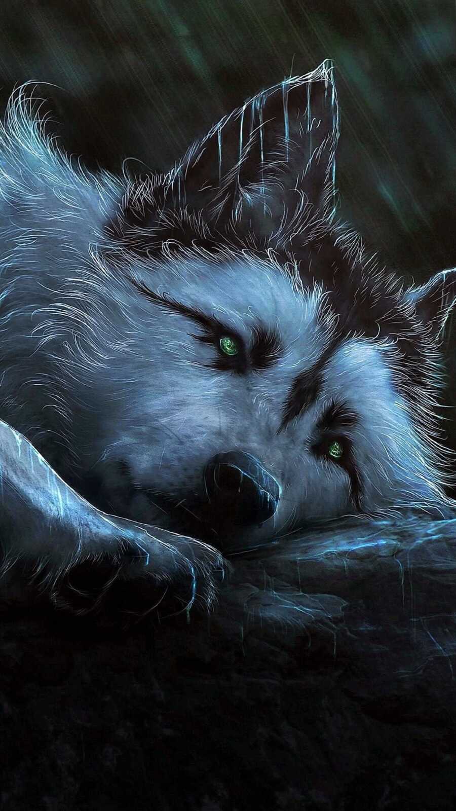 Green-Eyed Resting Wolf