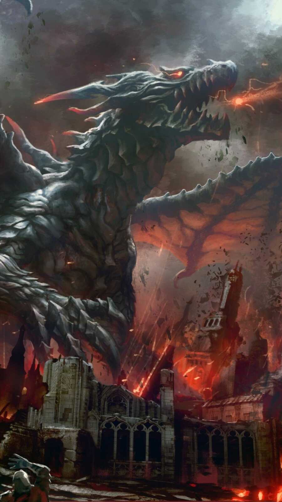 Grey Dragon Attacking Castle