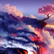 Glowing sakura tree on cliff